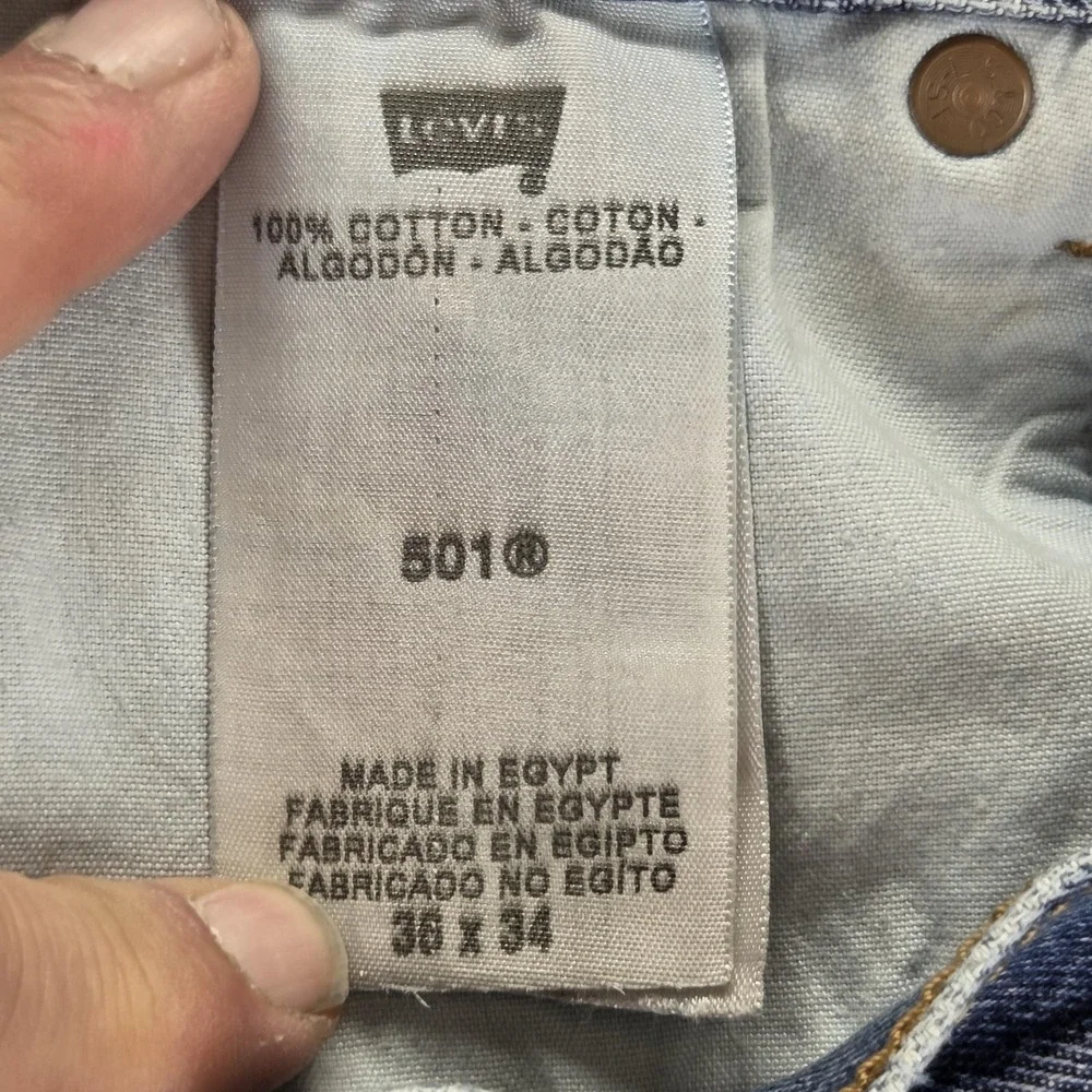 Levis 501 Jeans‎ Mens Blue Medium Wash Straight Button Fly Distressed Fits 34x32
